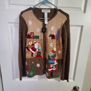 TIARA INTERNATIONAL CHRISTMAS COLLECTION. SWEATER CARDIGAN BROWN .small